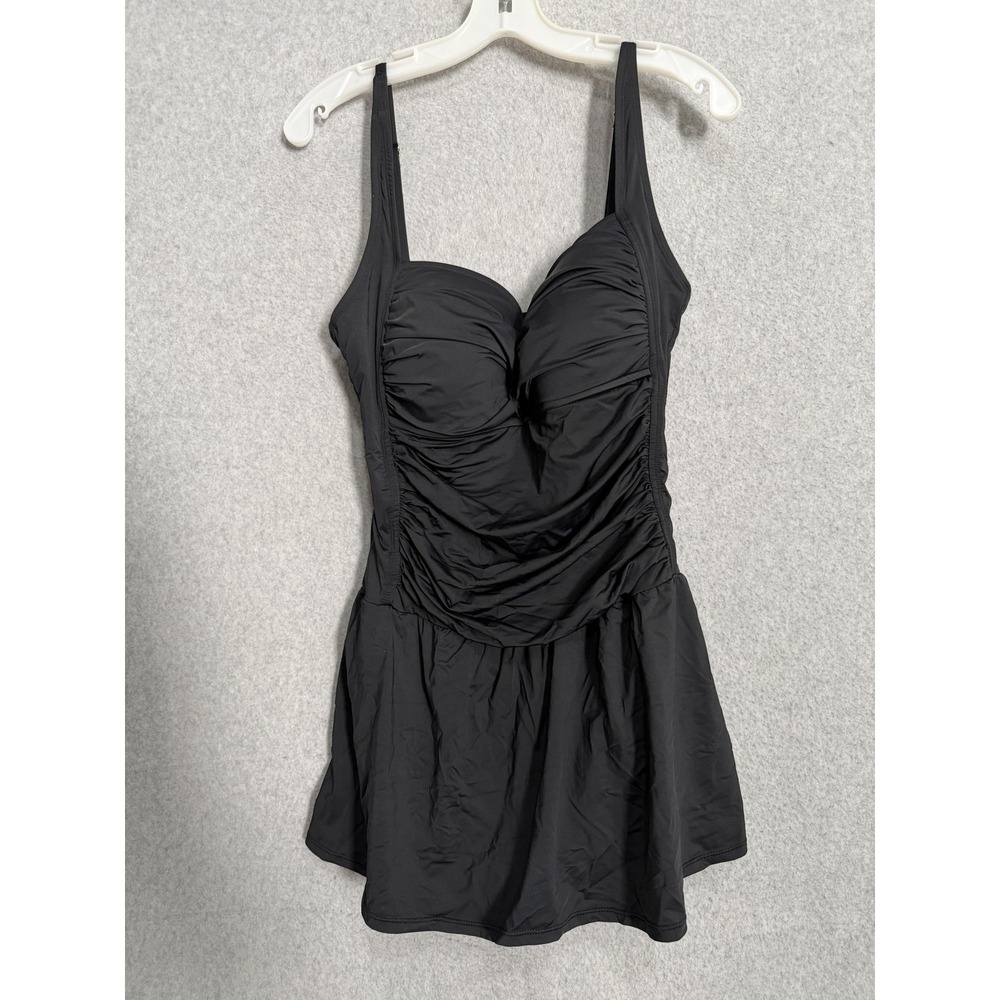 Rose Marie Reid Swimdress Womens XXL Black Ruched Tank Built In Brief Swimwear